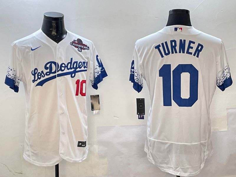 Men Los Angeles Dodgers 10 Turner White City Edition Elite Nike 2025 MLB Jersey style 4